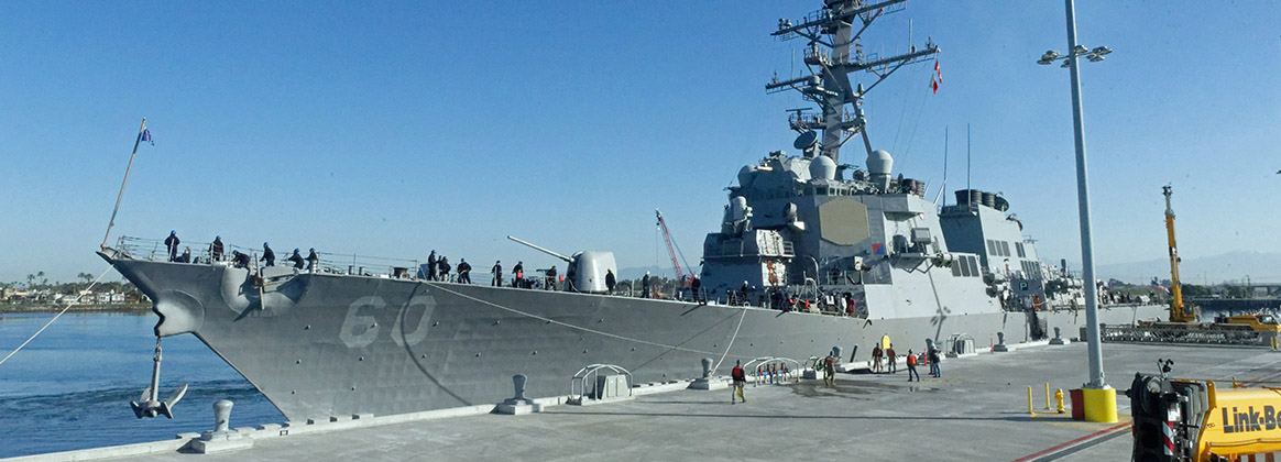 USS Paul Hamilton (DDG 60) moors alongside a new ammunition pier at Naval Weapons Station Seal Beach